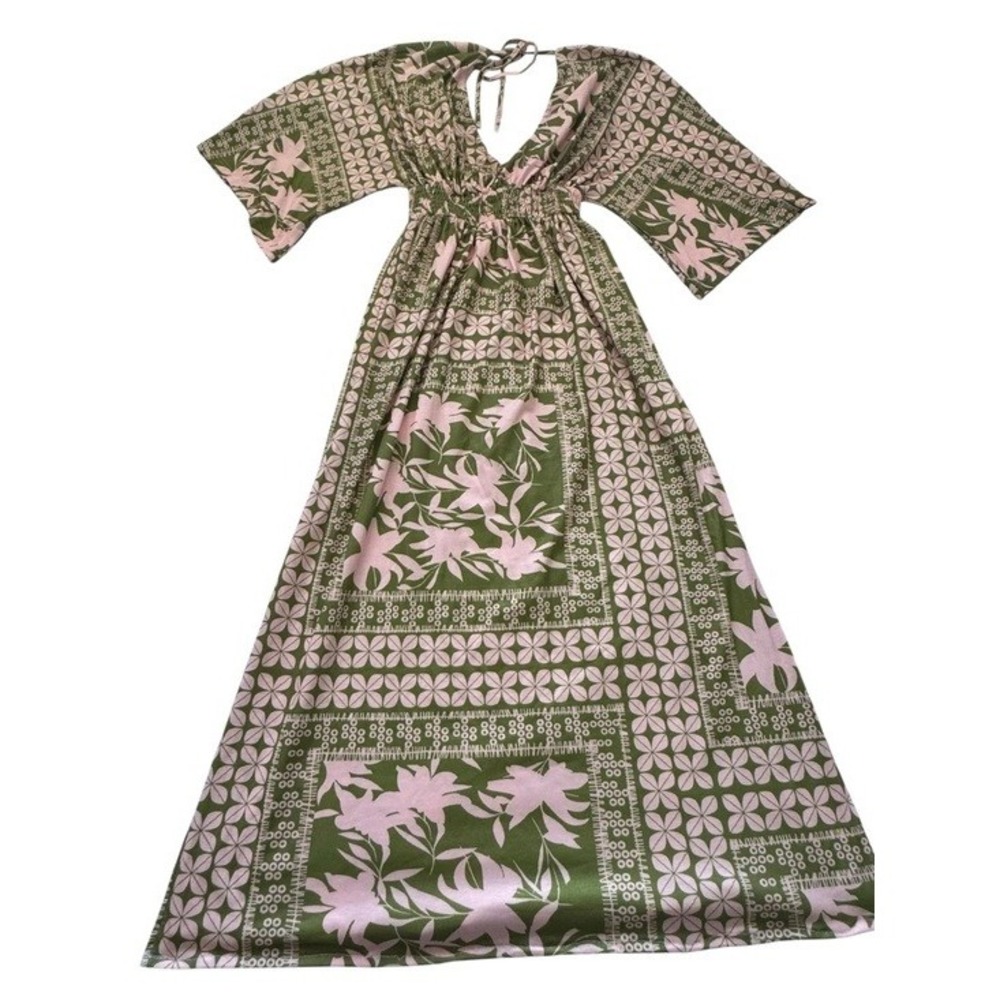 Unbranded Green & Pink Floral Boho Tropical Maxi Dress Kimono Sleeve Size Small - Picture 12 of 13